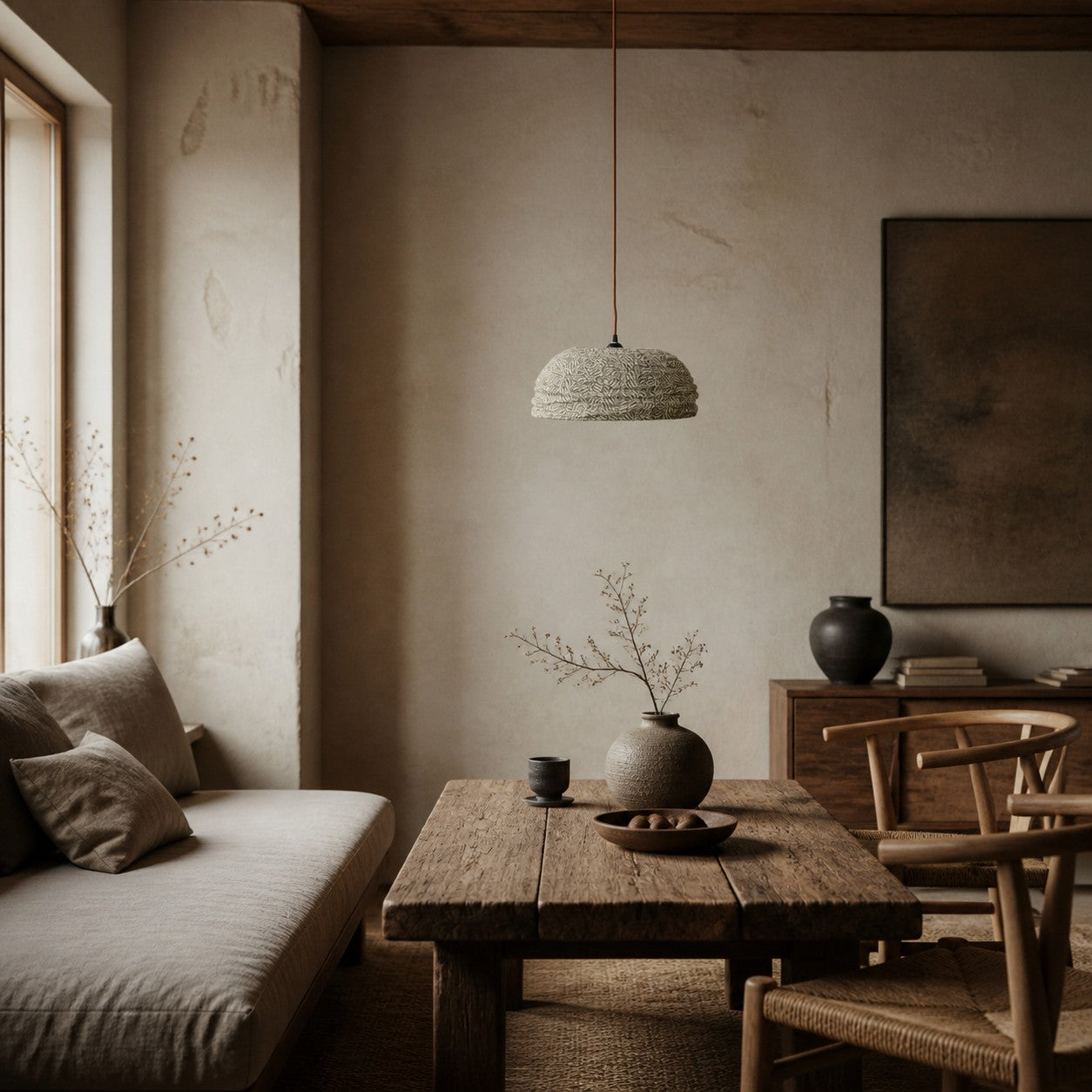 Gathered Fabric Pendant Lamp with Botanical Pattern Option