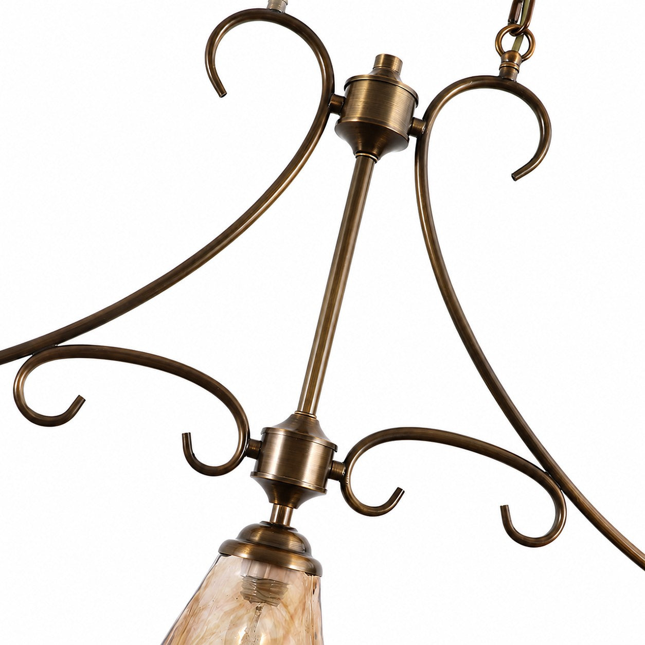 French Country Brass and Amber Glass Linear Chandelier
