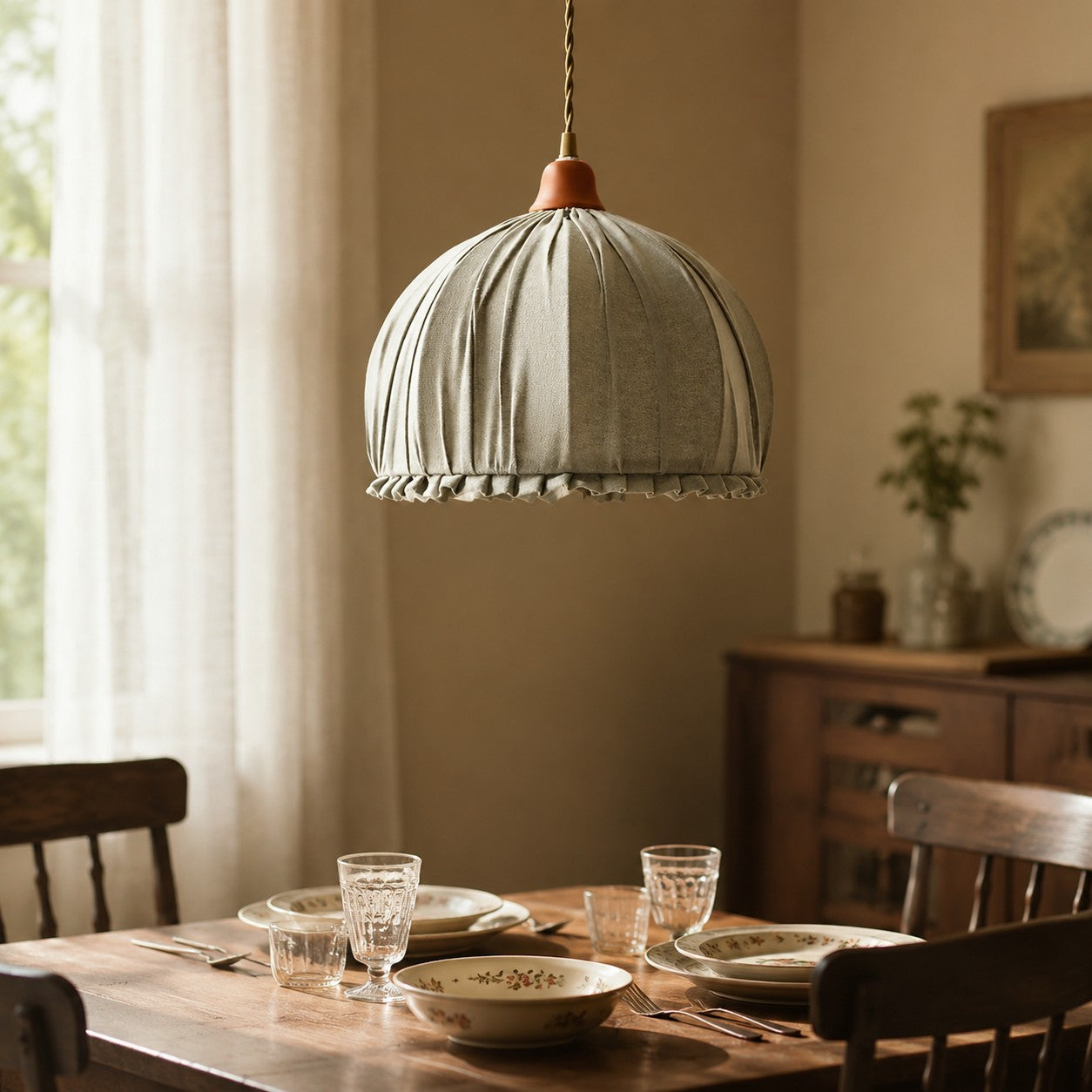 Ruched Fabric Pendant Light with Pleated Shade