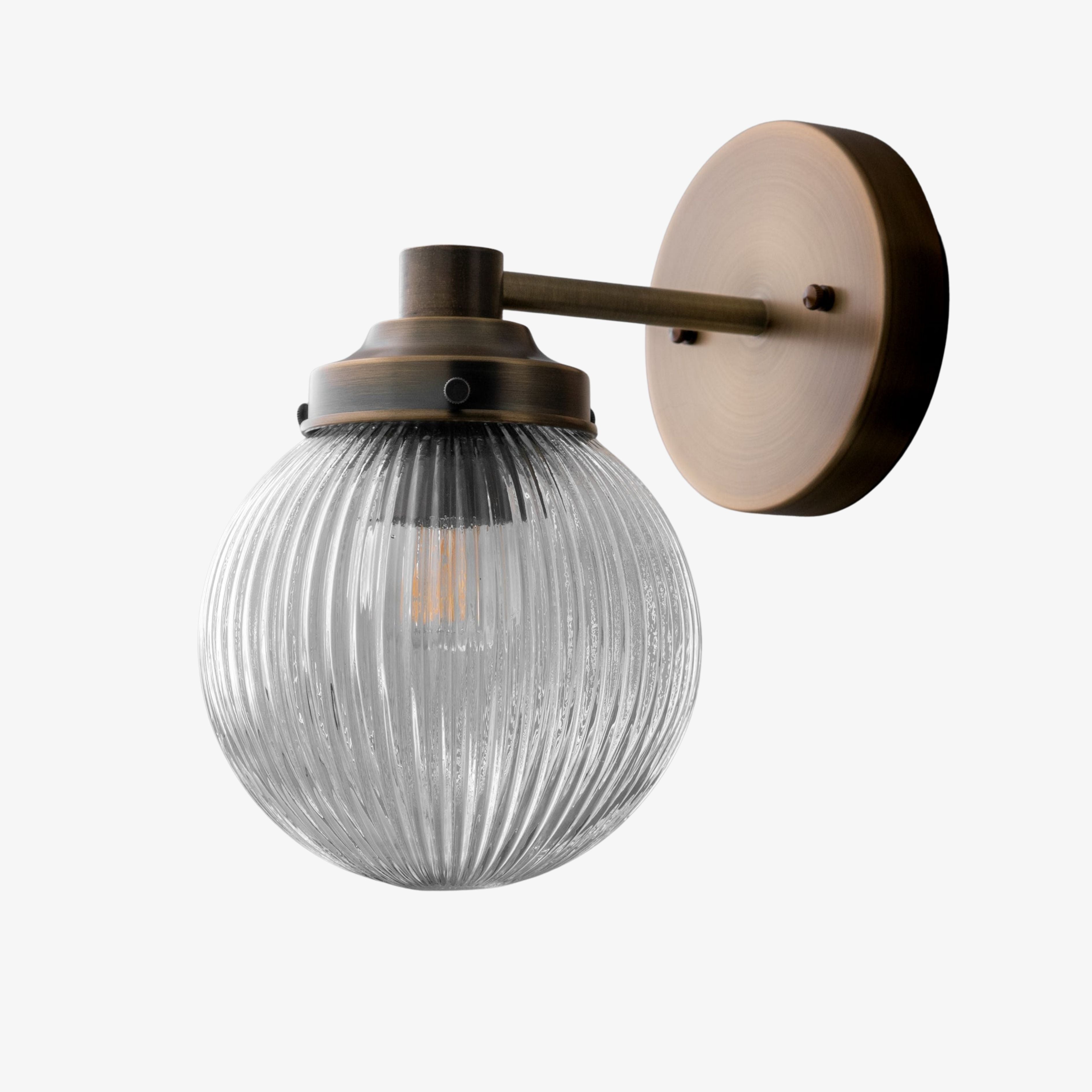 Glorica Glass Aged Brass Wall Sconce - Ribbed Glass Shade Industrial Style Lighting