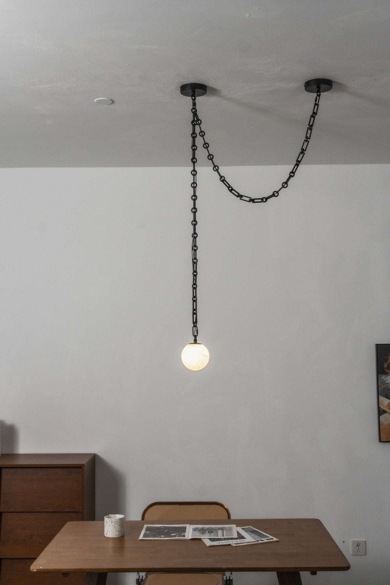 Black Metal Alabaster Globe Hardwired Chandelier