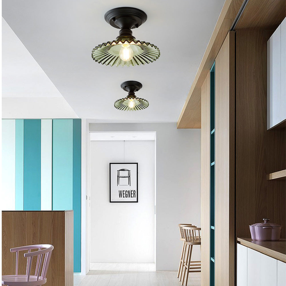 Simple Semi Flush Ceiling Light - Brass Glass Fixture for Hallway