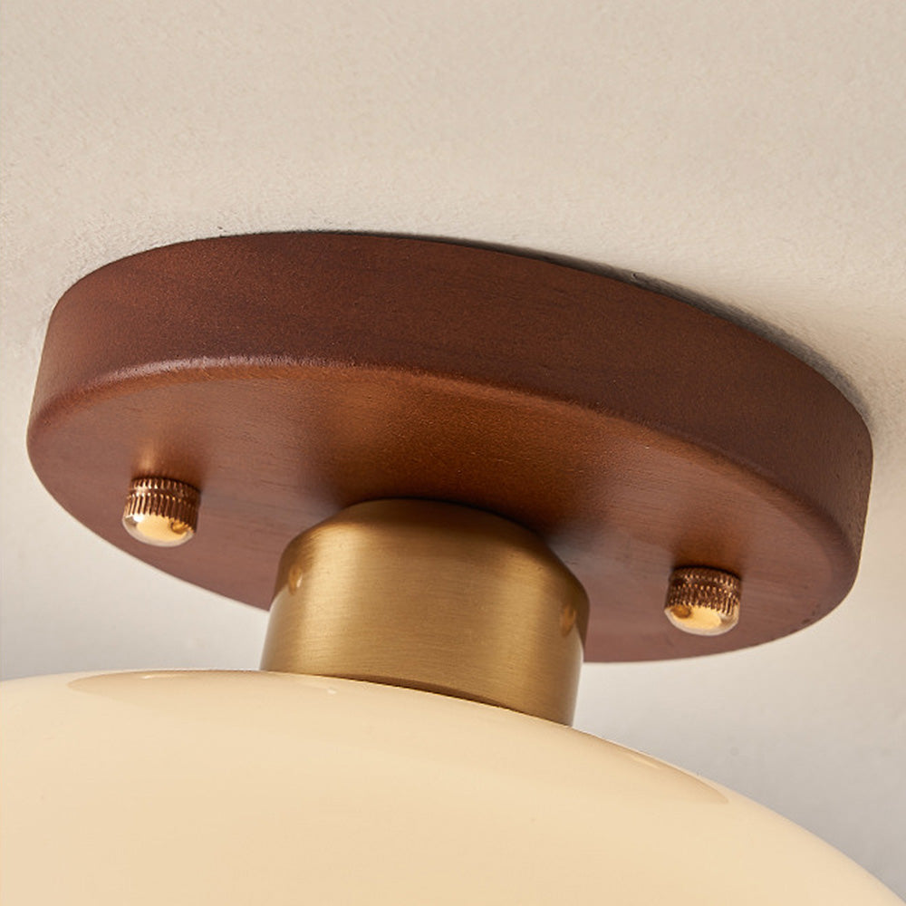 Cream Glass Ceiling Light - Vintage Bauhaus Walnut Lamp for Hallway