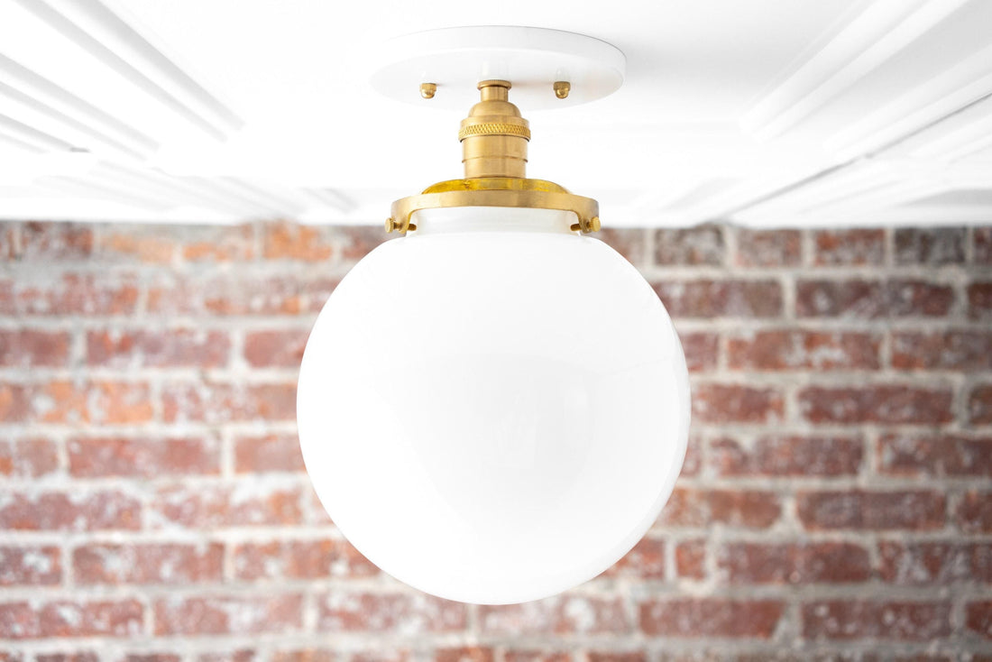 Glorica Glass Mid Century Semi Flush Ceiling Light - White Opal Glass Globe Fixture