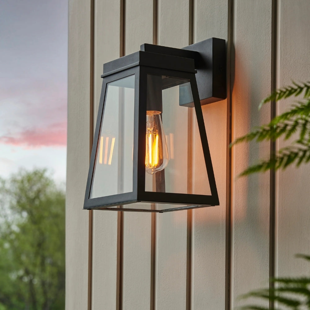 Trevanta Clear Glass Black Outdoor Lantern Wall Light - Modern Exterior Lighting