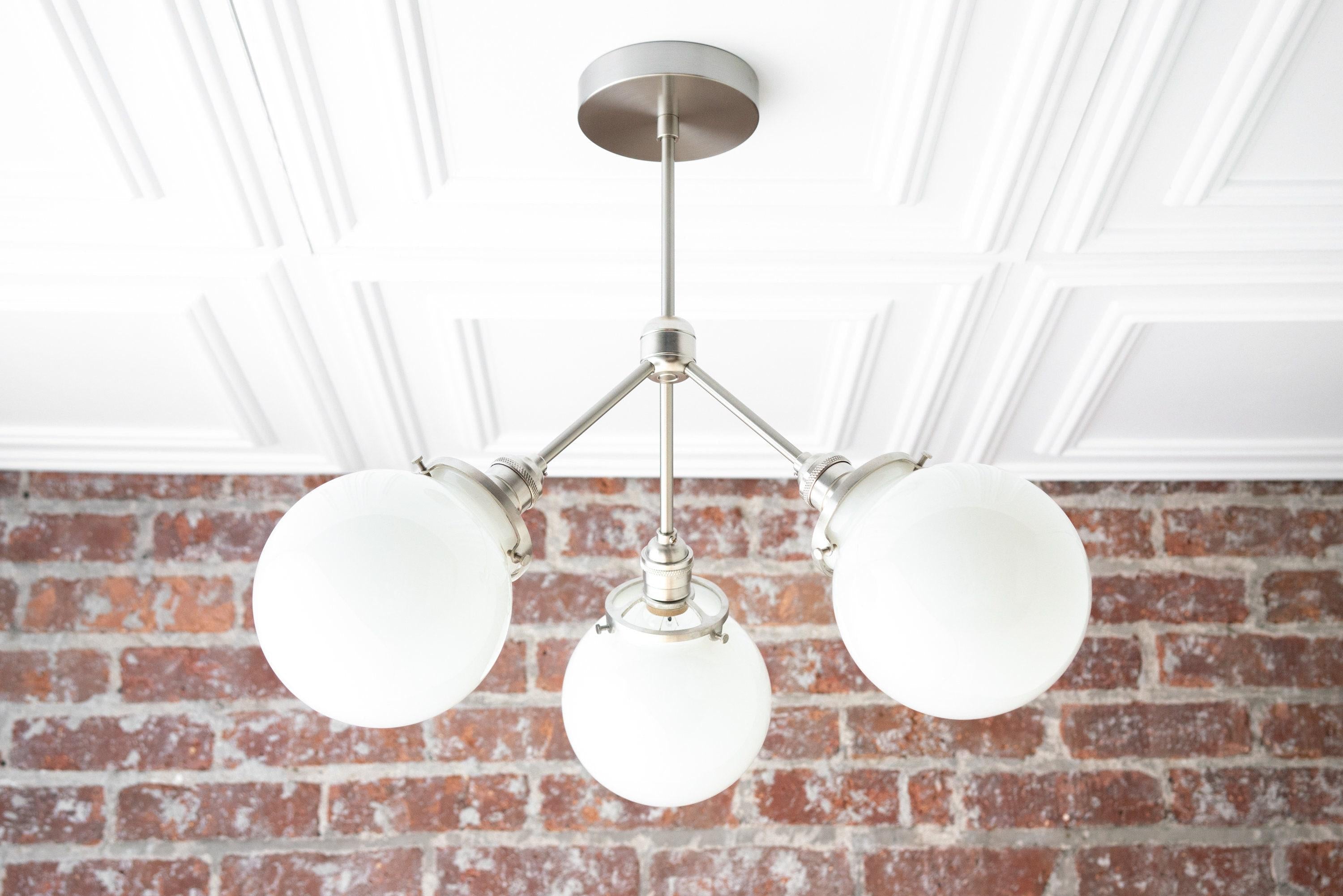 Glorica Glass Chandelier - Brass Globe Ceiling Light with Opal Shade