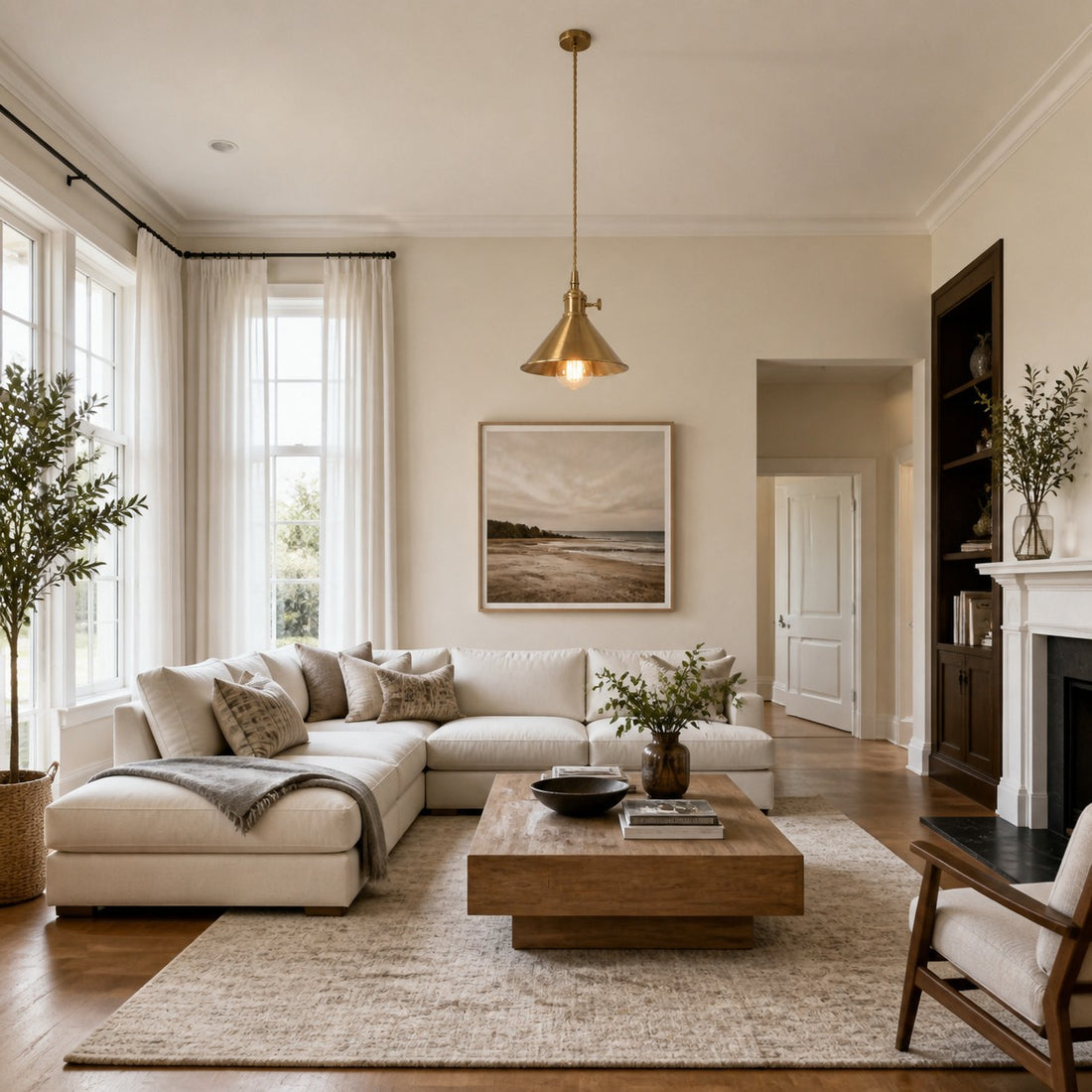 Brass pendant light in a daylight living room