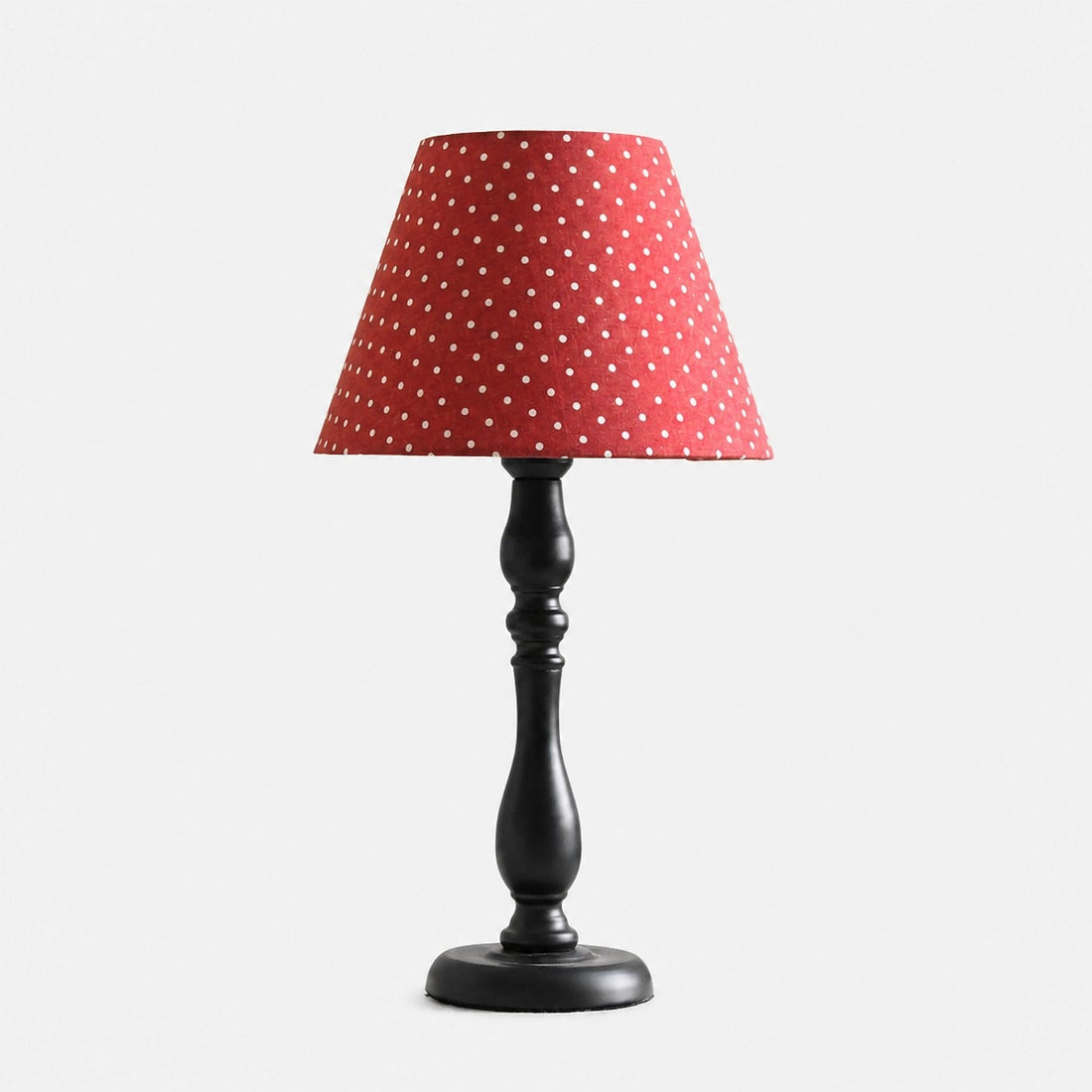 Vintage black iron table lamp with vintage red dot fabric shade