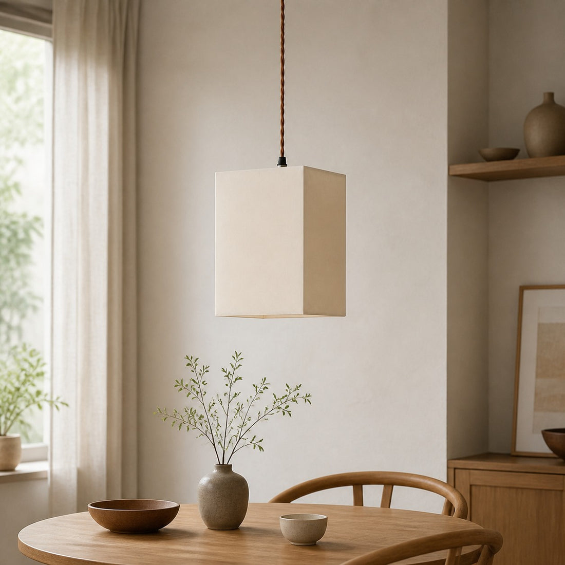 Square Fabric Pendant Lamp with Wood Canopy