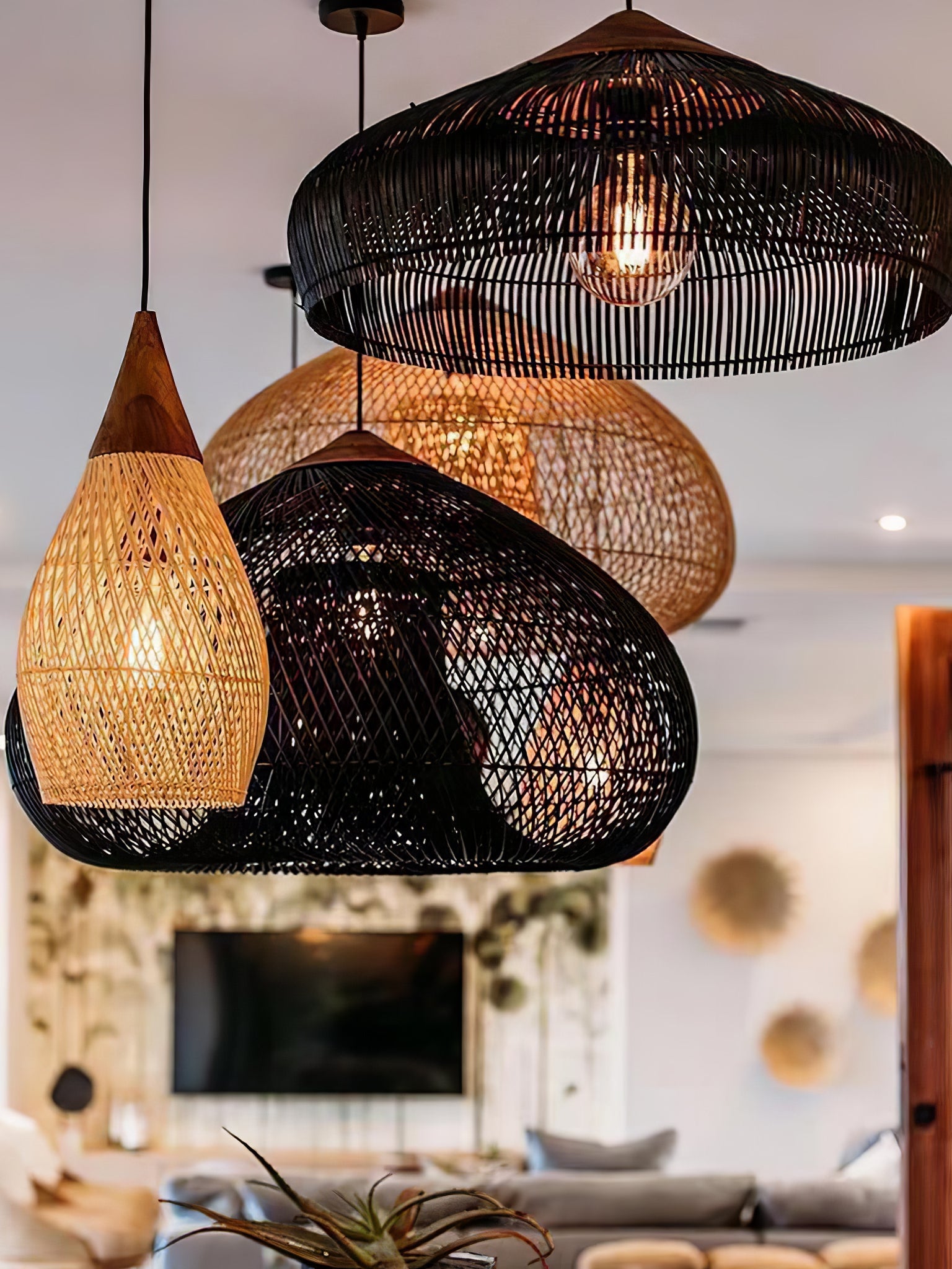 Woven Rattan Wood Plug-In Pendant Light