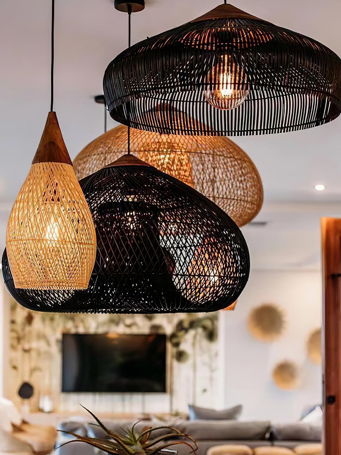 Woven Rattan Wood Plug-In Pendant Light