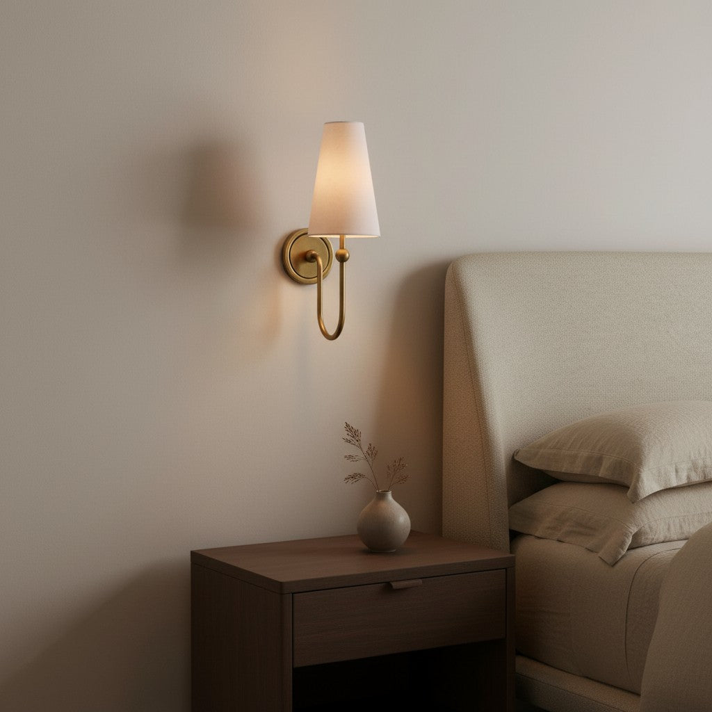 Serena Elegant Swoop Arm Sconce – Modern Fabric Shade Wall Lamp for Hallway and Bedroom