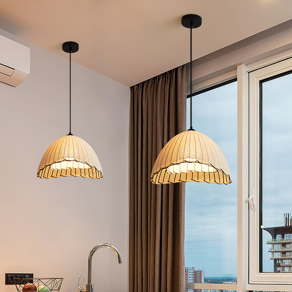 Wabi Sabi Pendant Light - Linen Shade Ceiling Fixture with Soft Glow