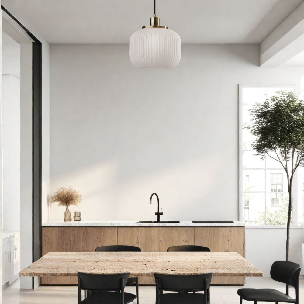 Pelviona Modern Ribbed Glass Pendant - Frosted & Brass Ceiling Light Add Timeless Charm to Your Space