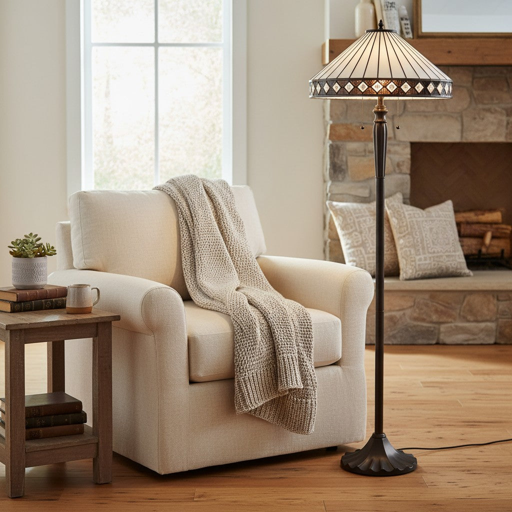 TF Fargo Geometric Tiffany Style Lamp — Amber and Cream Glass Accent Lighting for Bedroom or Study