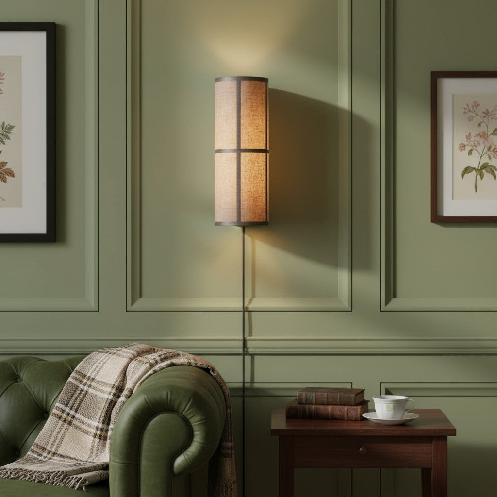 Cylume Cylinder Fabric Plug-in Wall Lamp - Minimalist Wall Sconce for Bedroom Living Room