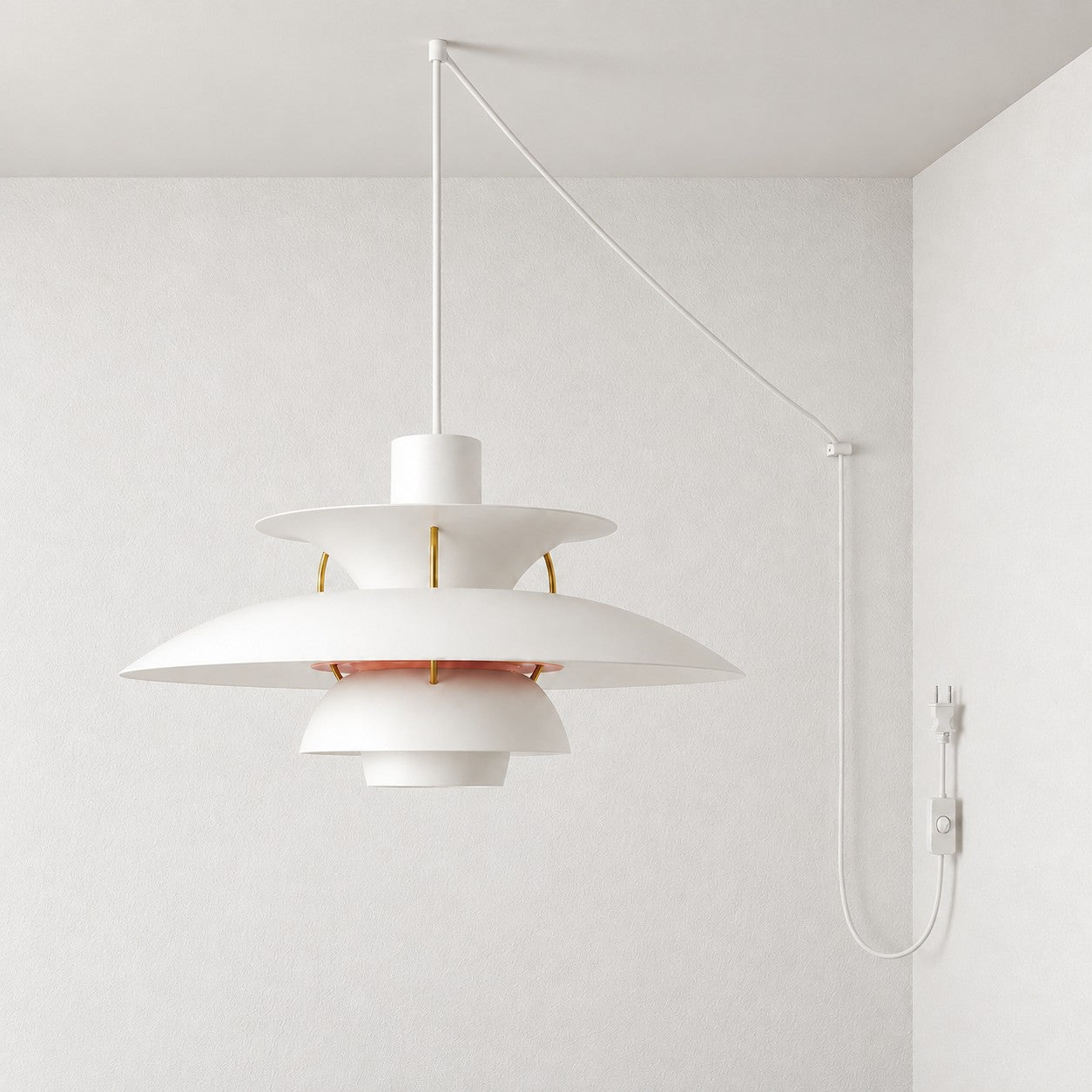 Moderne mehrlagige bunte Pendelleuchte mit Stecker und Zugkabel - Hängelampe aus Metall
