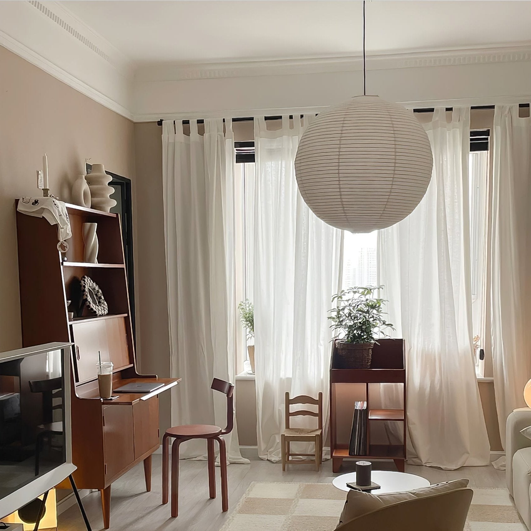 Washi Paper Round Pendant Lamp – Minimalist Lighting for Living Room