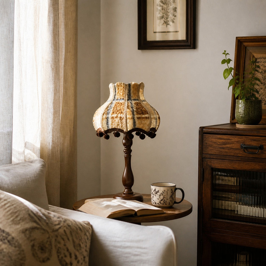 Vintage fabric table lamp in a warm bedroom corner