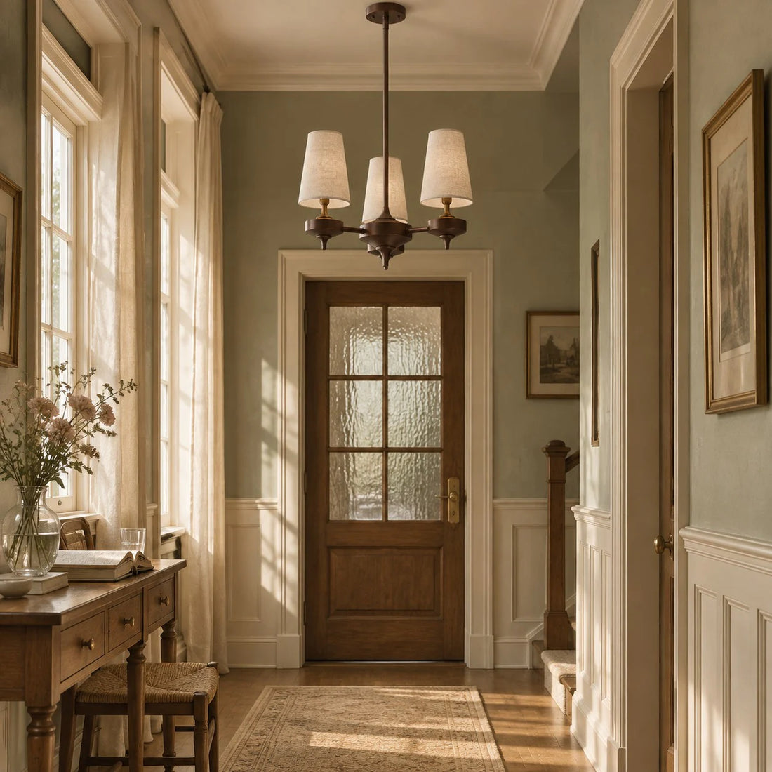 3-light Hour Rho chandelier in white velvet styled in a warm interior
