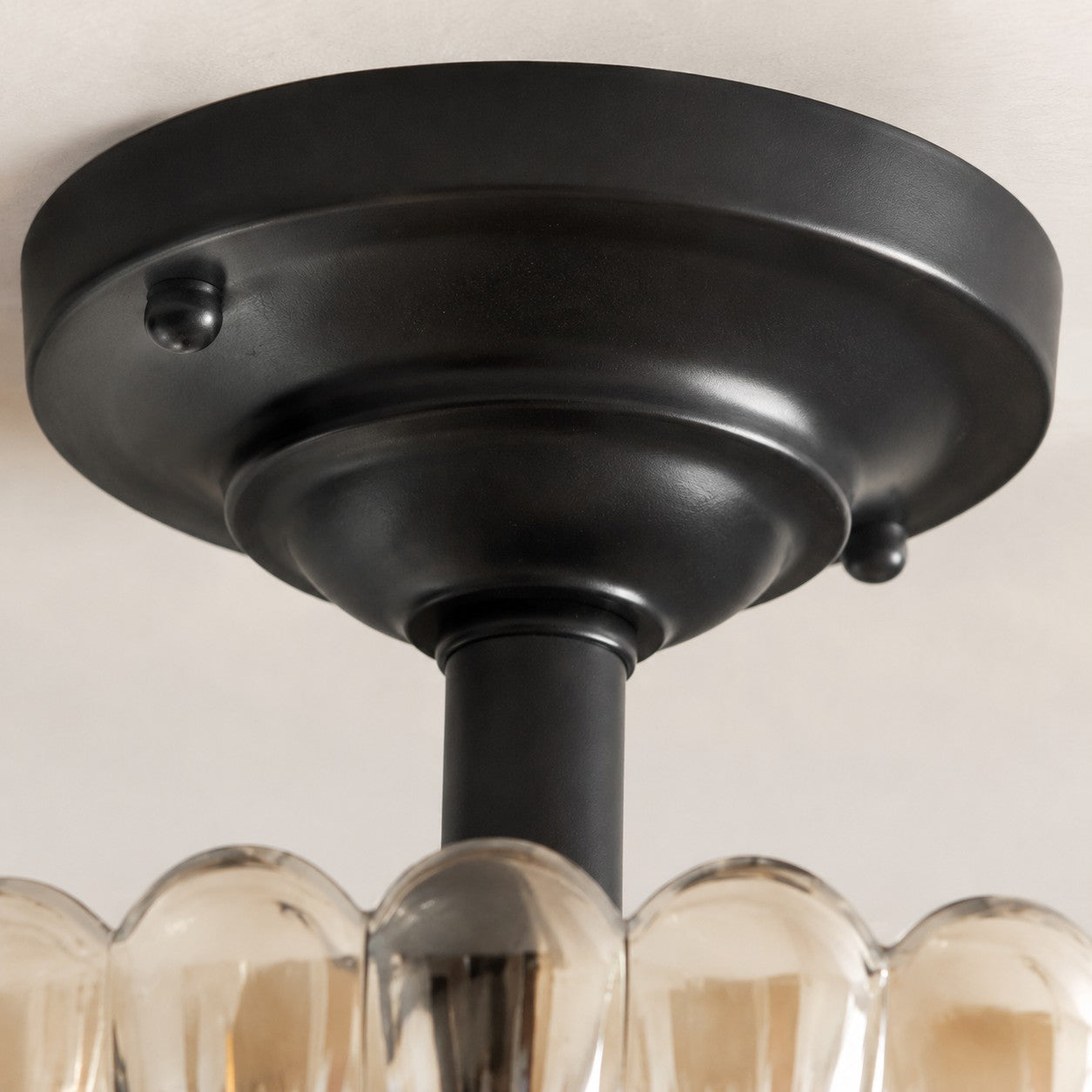 Dark iron ceiling canopy and stem detail
