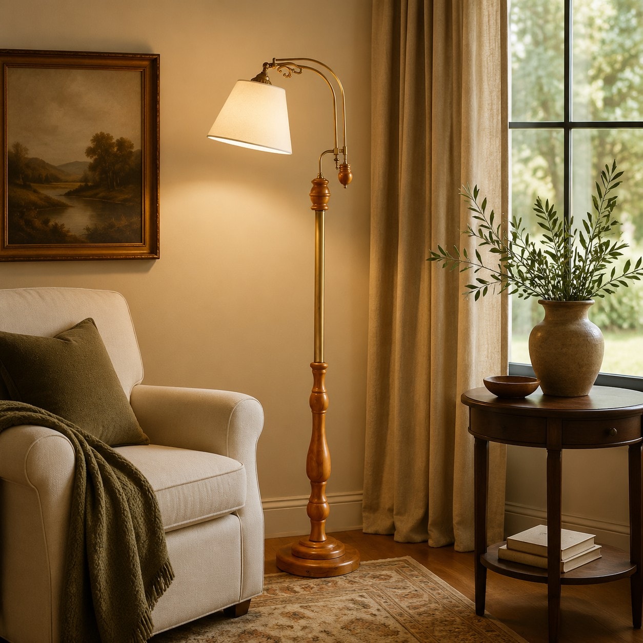 Vintage Wood and Fabric Floor Lamp