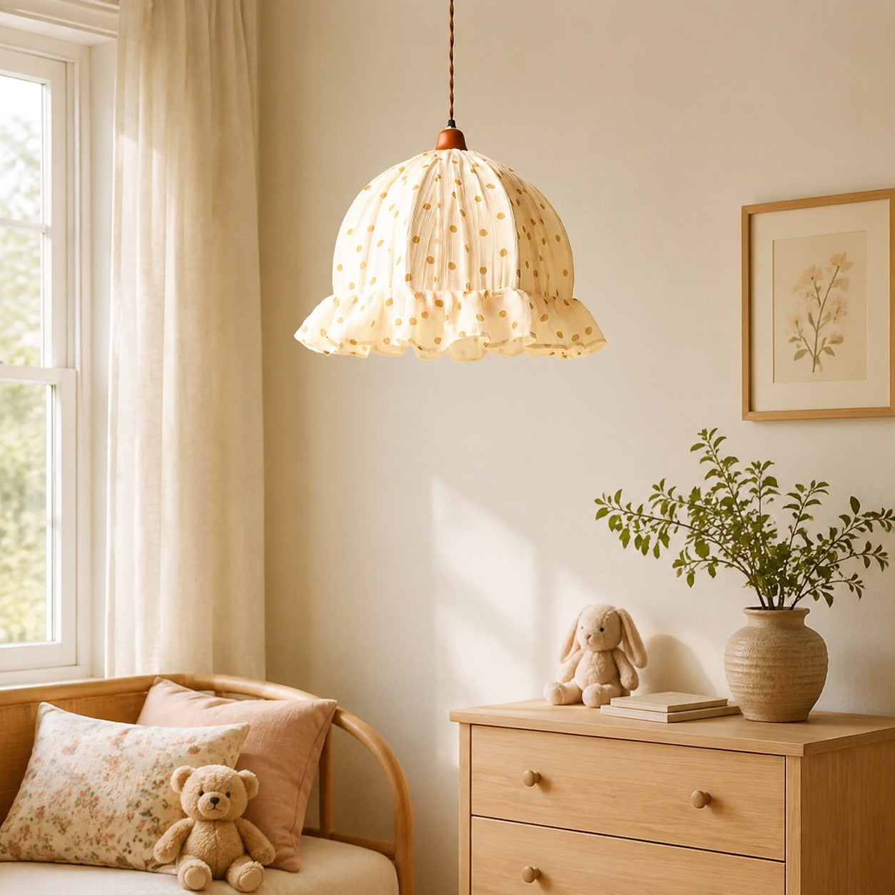 Fabric pendant lamp in a calm bedroom setting