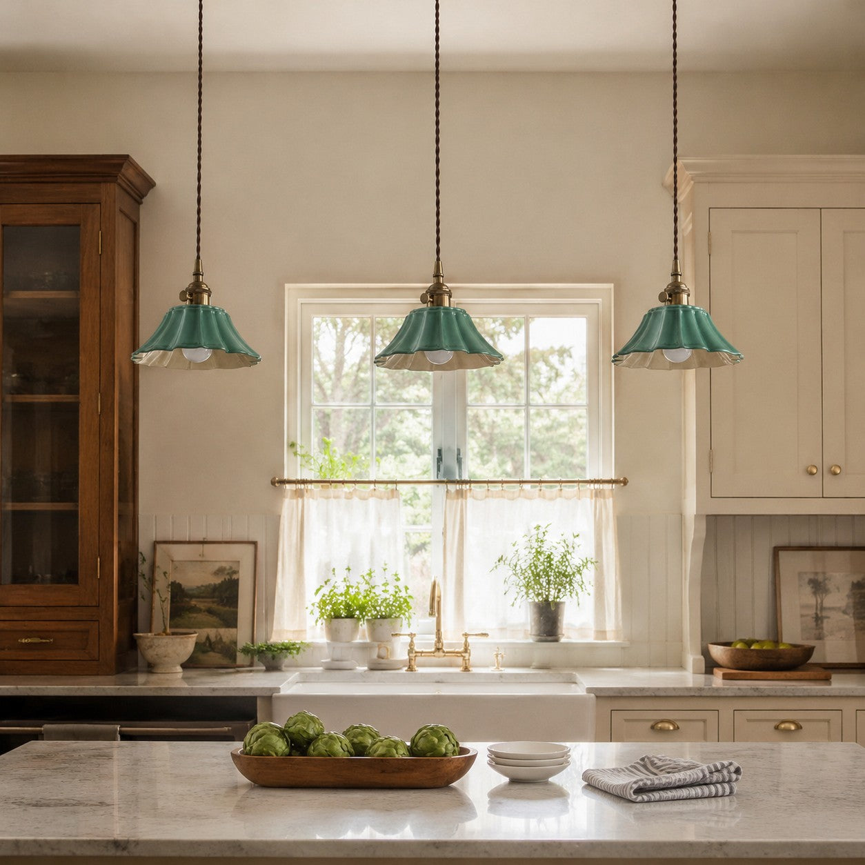 Vintage Celadon Ceramic Lotus Pendant Light