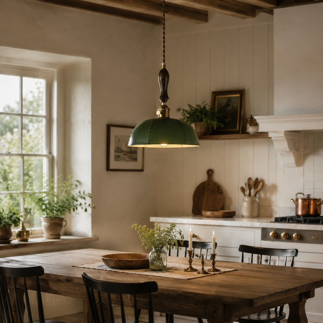 Deep green pendant in a dining kitchen