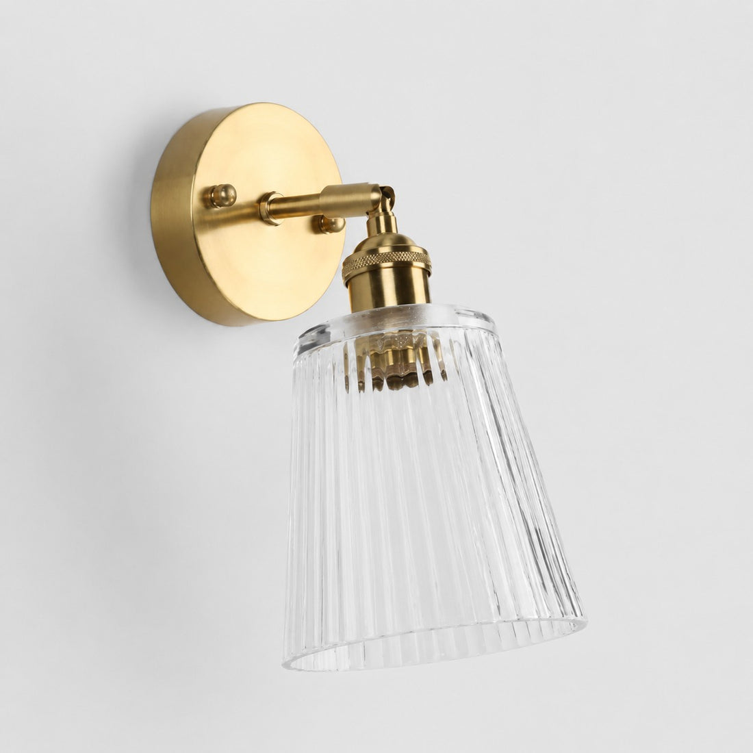 Clear glass wall light with brass arm, MZ shade 12 cm high and 13 cm diameter