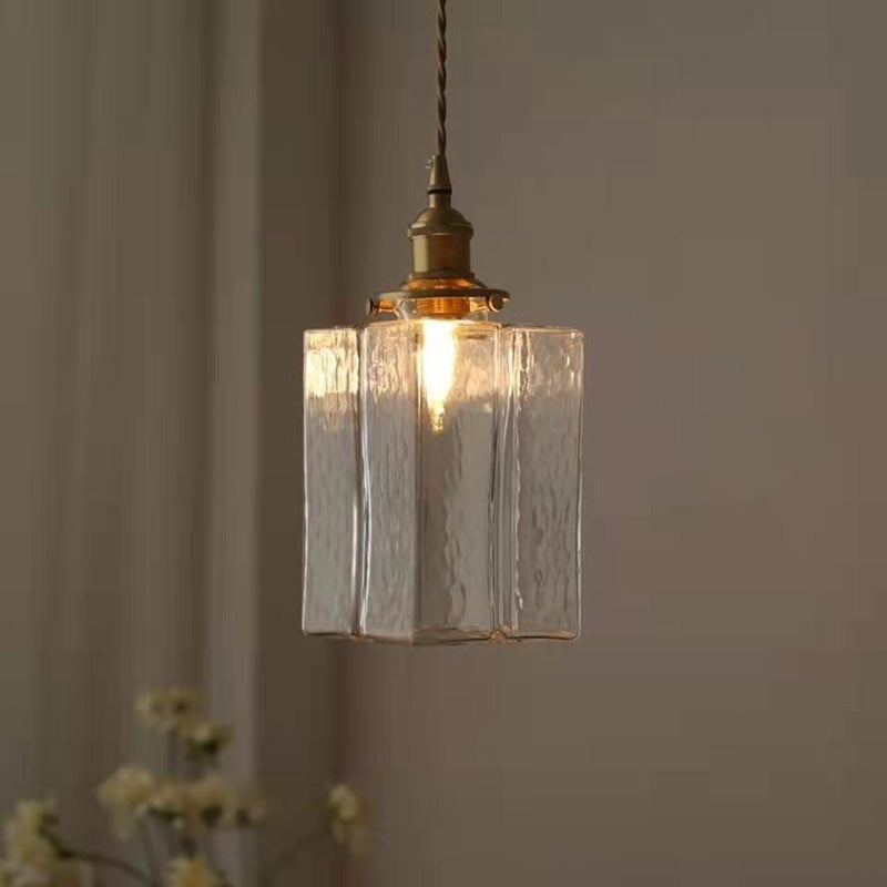Traditionelle Vintage Quadrat Rechteck Ripple Glas Eisen 1-Licht Pendelleuchte für Wohnzimmer