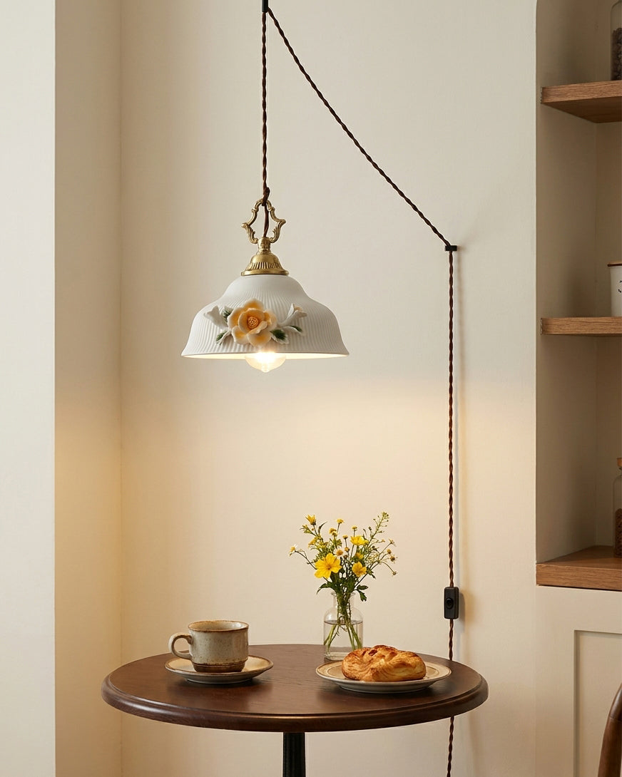 Raised Porcelain Floral Plug-In Swag Pendant