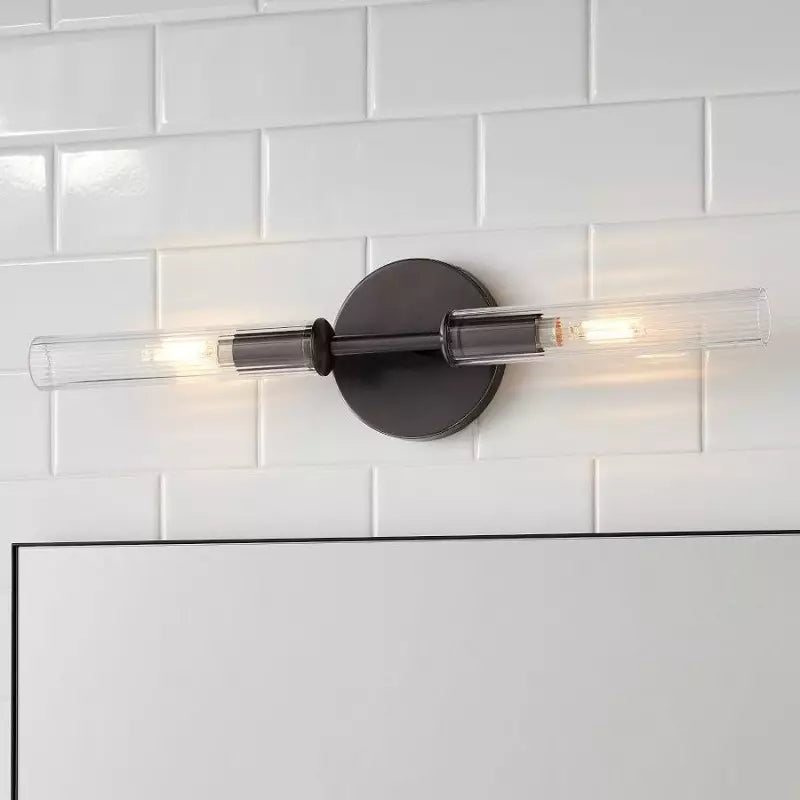 Alice Rustikale transparente Cooper-Wandleuchte mit geripptem Glas und Doppelröhre