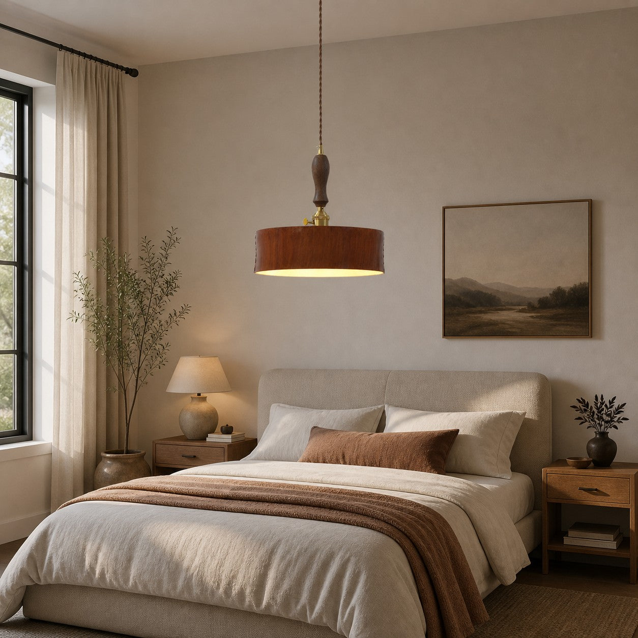 Vintage brown leather pendant installed in a warm neutral bedroom