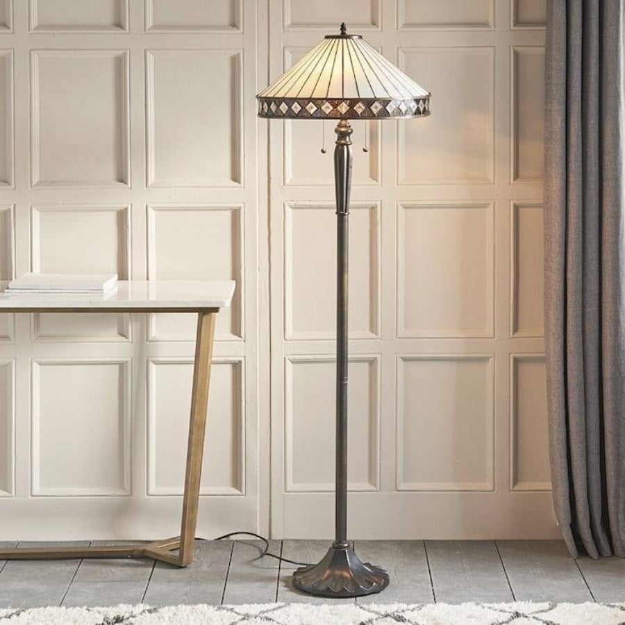 TF Fargo Geometric Tiffany Style Lamp — Amber and Cream Glass Accent Lighting for Bedroom or Study