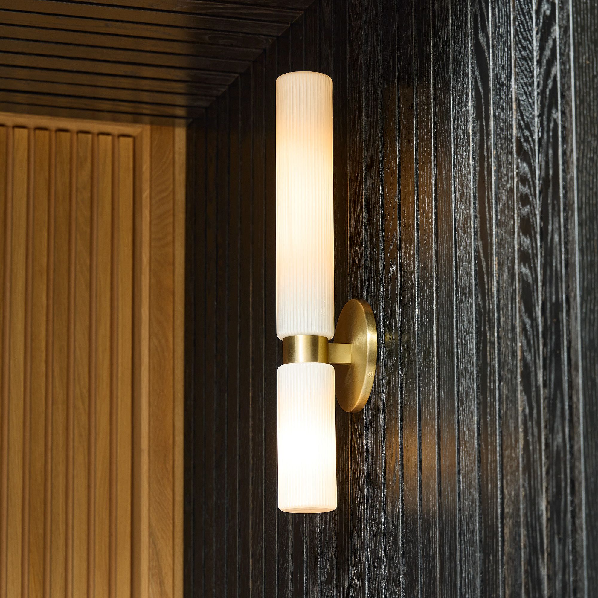 Rivora Fluted Glass Double Short Sconce - Indoor Outdoor Wall Light Elegance