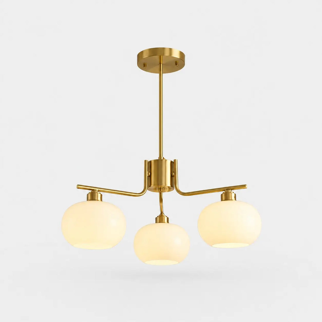 Solid brass gold three-light milk glass chandelier