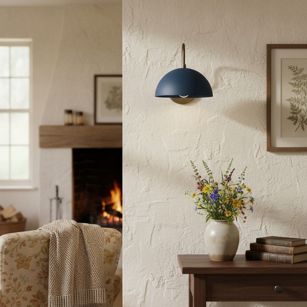 Curva Metal Industrial Wall Sconce - Curved Brass Arm - Hammered Dome Light Fixture