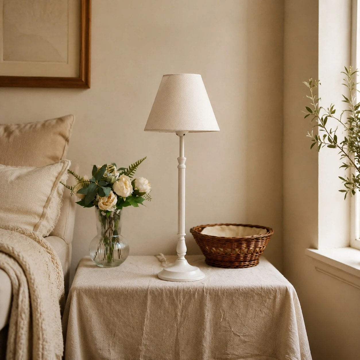 Ivory French country table lamp in a bright sitting area