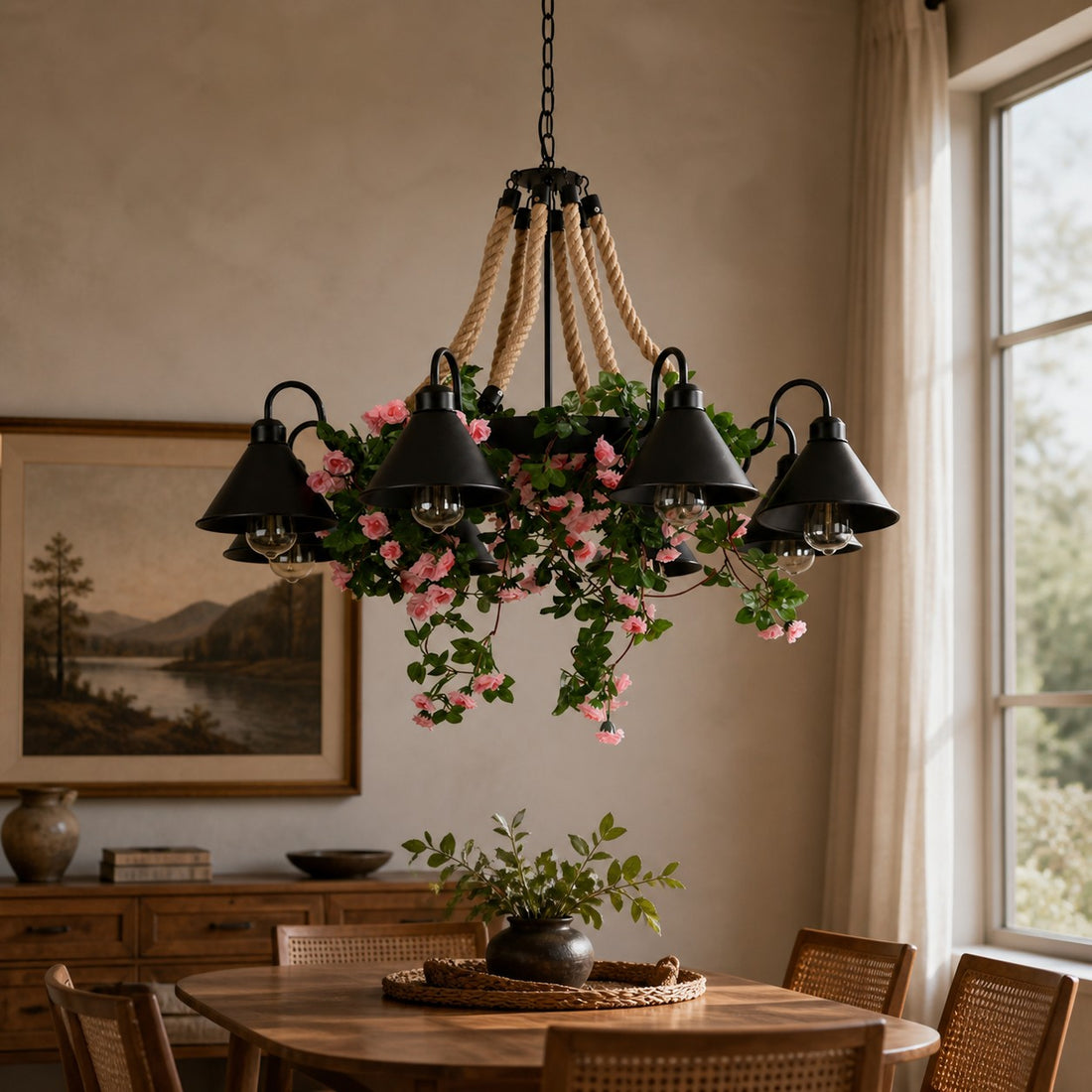 Rope and Greenery Wagon Wheel Chandelier
