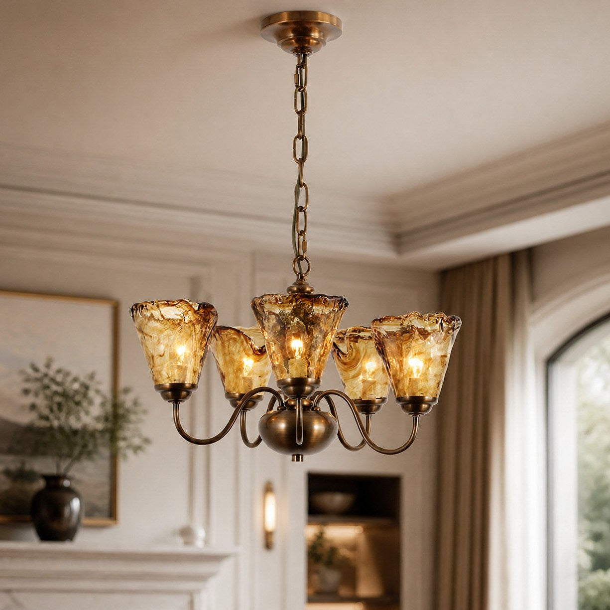 Amber Ruffle Glass Brass Chandelier