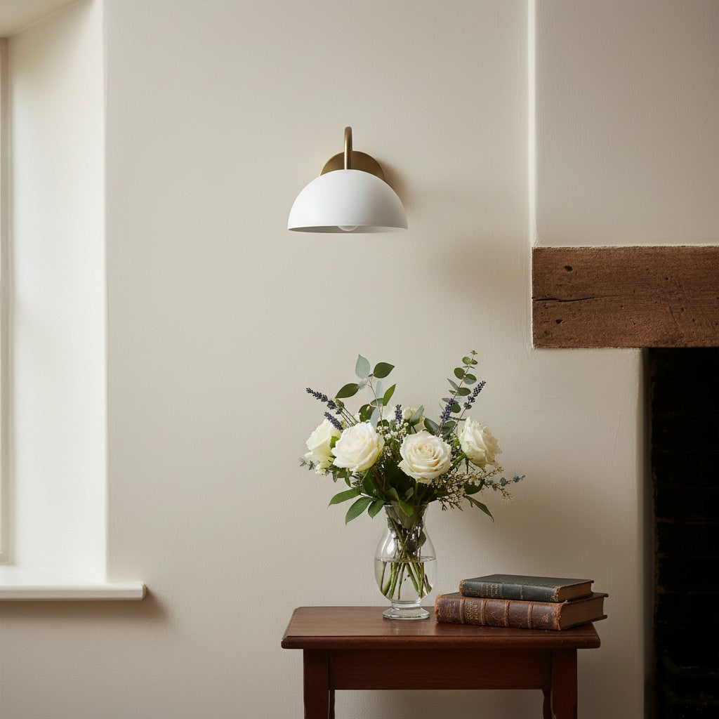 Curva Metal Industrial Wall Sconce - Curved Brass Arm - Hammered Dome Light Fixture