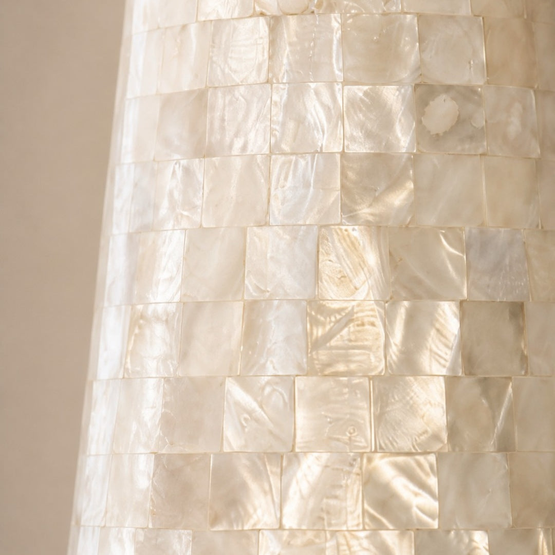 Close view of the pearlescent Capiz shell mosaic shade