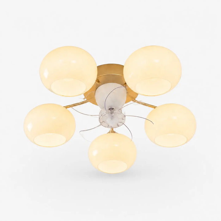 5-light modern gold ceiling fan light with white glass shades