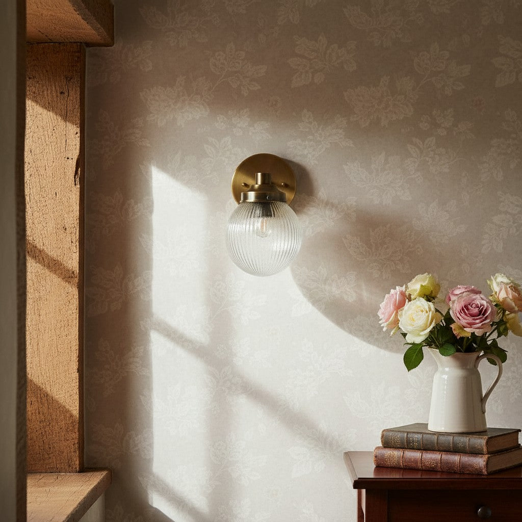 Glorica Glass Aged Brass Wall Sconce - Ribbed Glass Shade Industrial Style Lighting