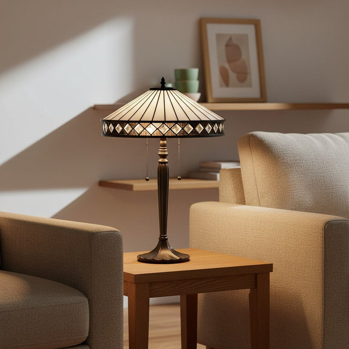 TF Fargo Geometric Tiffany Style Lamp — Amber and Cream Glass Accent Lighting for Bedroom or Study