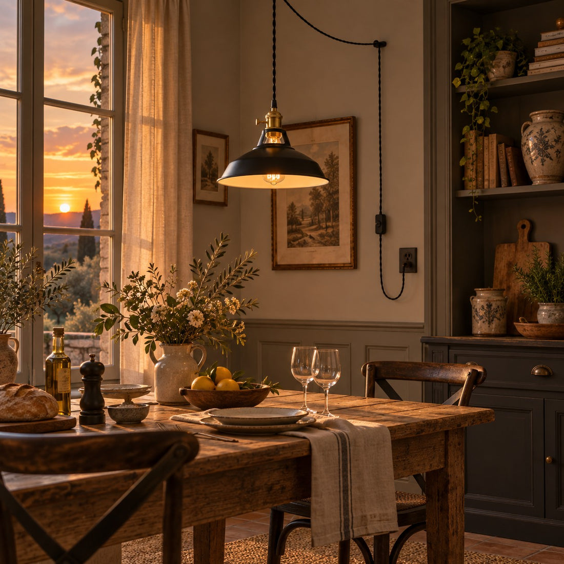 Black pendant in a rustic dining room