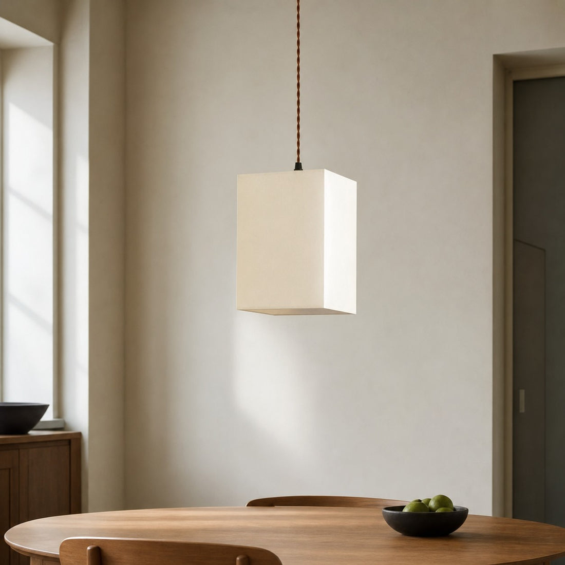 Square Fabric Pendant Lamp with Wood Canopy