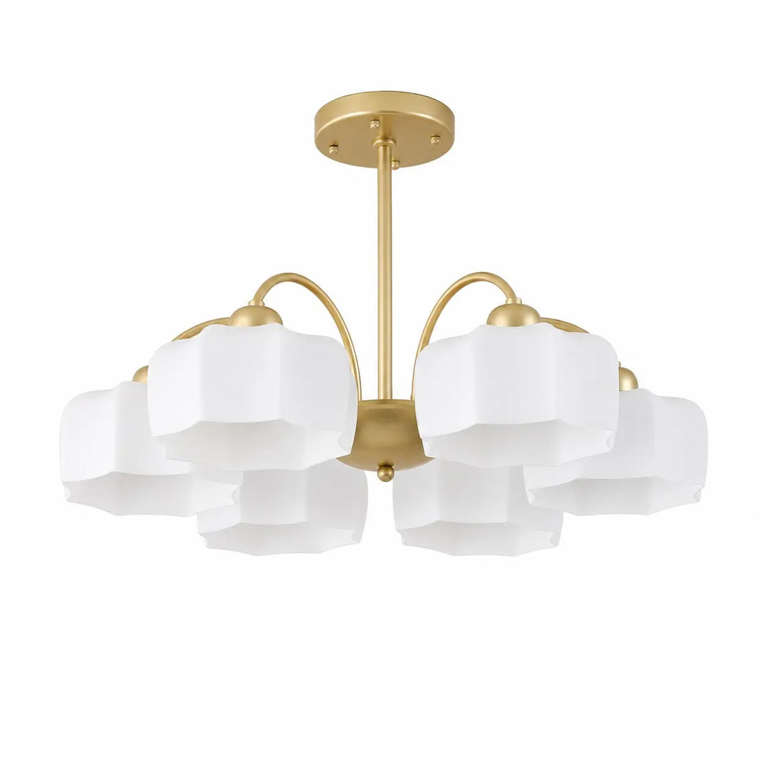 Gold and white 6-light chandelier on a white background