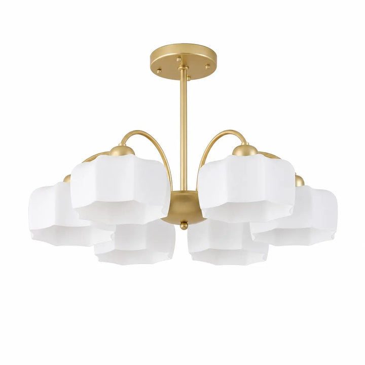 Gold and white 6-light chandelier on a white background